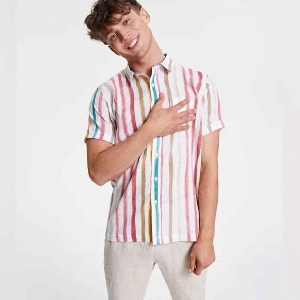 Sun & Stone‎ Men's Silas Regular-Fit Textured Stripe-Print Linen blend Shirt, XL